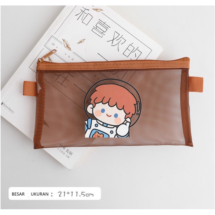 Dompet Pensil Tempat Pensil Lucu Tempat Makeup Cute Model Jaring Transparan Brown dan Multicolour Cute