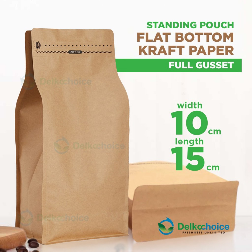 STANDING POUCH KRAFT PAPER FLAT BOTTOM FULL GUSSET 10X15