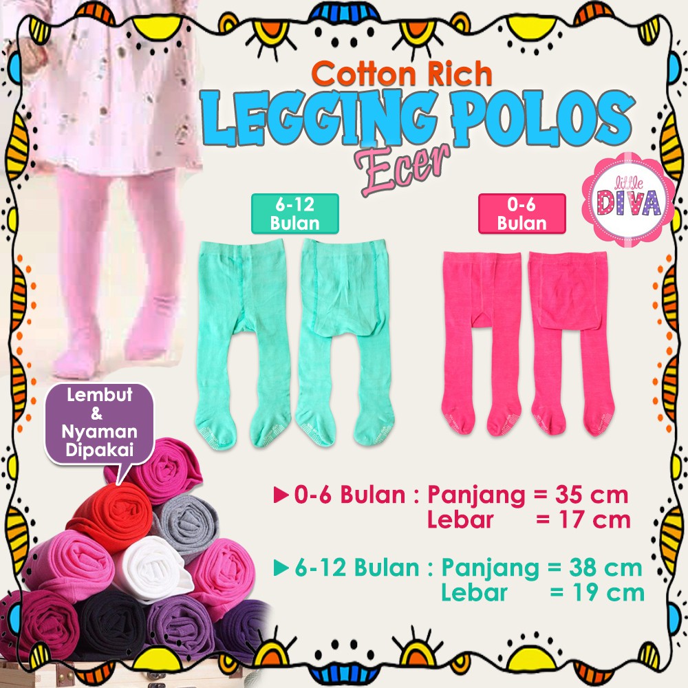 ECER Legging Bayi POLOS 0-6 &amp; 6-12M Leging Baby Cotton Rich Putih pink fanta kuning orange ungu biru