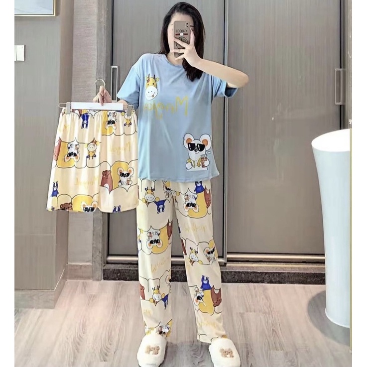 JC- Stelan Oversize 3in1 Import / Piyama 3in1 / Piyama Korea wanita terbaru Murah-3in1 Moo&Mouse Blue