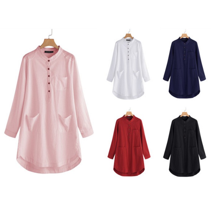 ZANZEA Women's V Neck Buttons Plus Size Long Sleeve Mni Dress