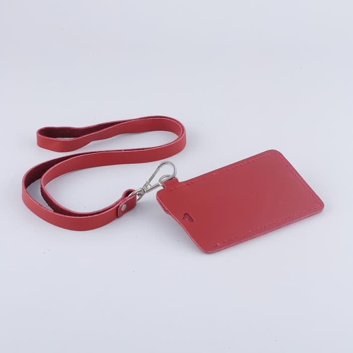 gantungan ID card kulit asli warna merah - id card holder PHID104