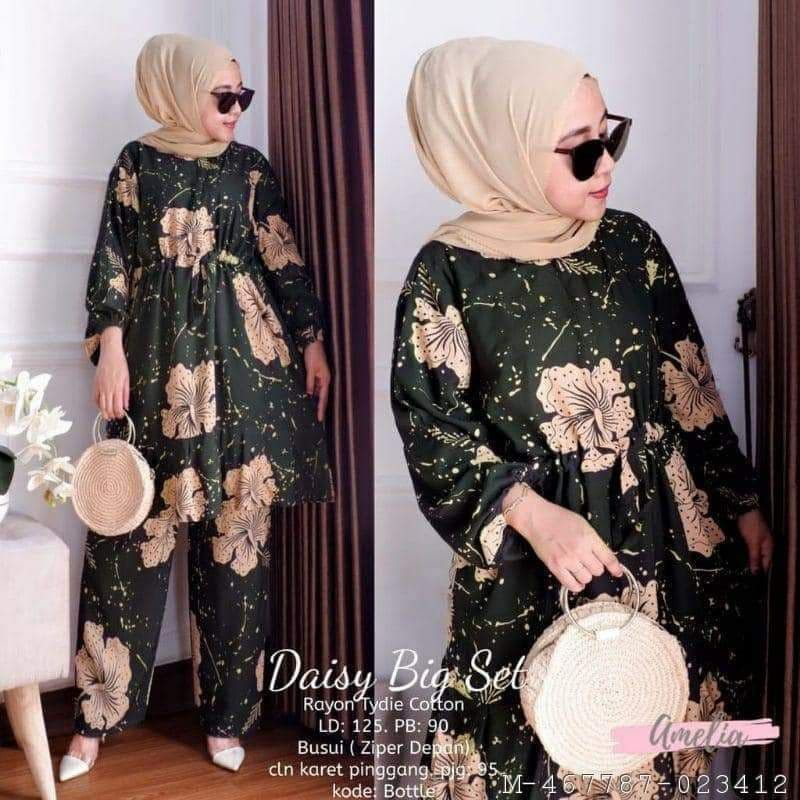 Daisy  Big Set - One Set Jumbo Rayon Batik Premium Waka Waka Setelan Wanita Celana Panjang Set Bigsize LD 130 cm