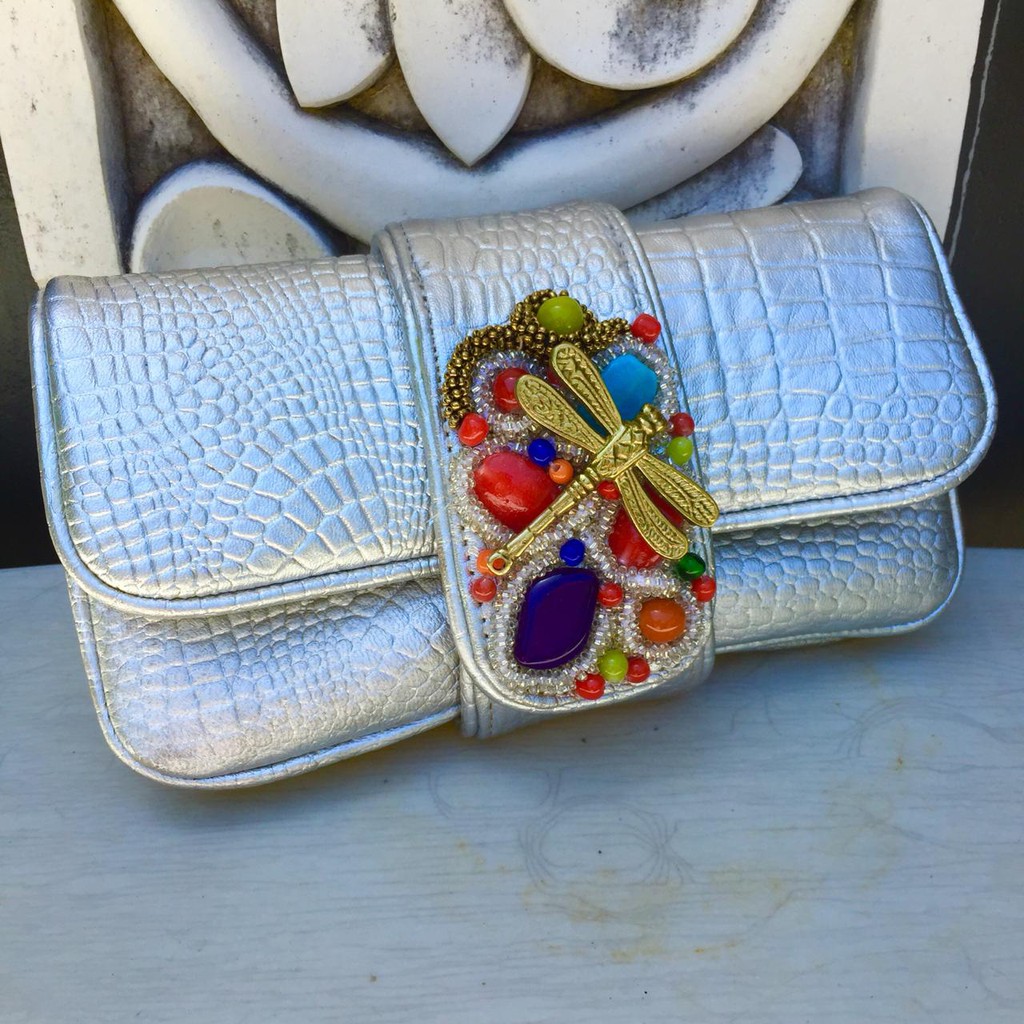 Clutch Pesta Roteli Size S Full Silver Color - Clutch Model Lipat Asli Tas Kulit Domba