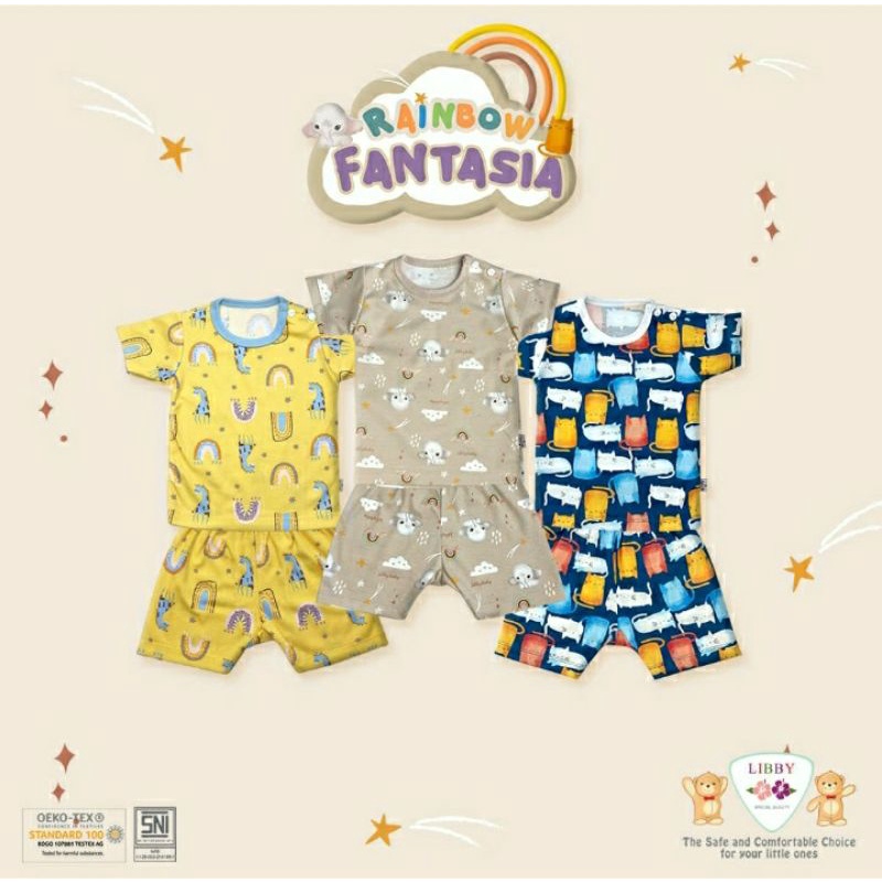 SETELAN BAJU PENDEK ANAK - Libby Set Baju Pendek + Celana Pendek Rainbow size L dalam 3pcs/6pcs/12pcs