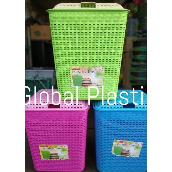 Keranjang Baju Pakaian Kotor Laundry Troy Bag Tutup Plastik Rotan
