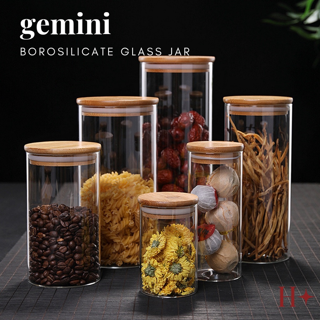 H✦ Gemini Toples Kaca Tutup Kayu Wadah Makanan Kedap Udara