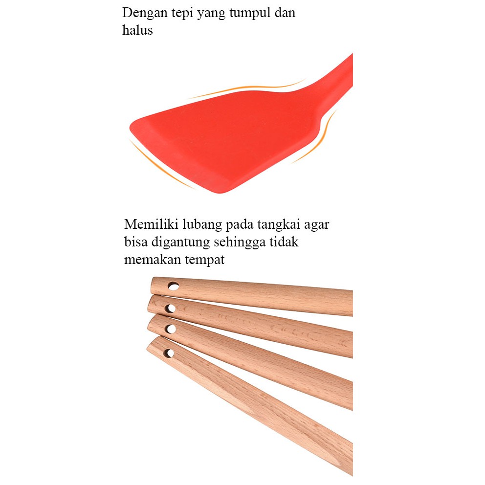 Sodet Silikon Gagang Kayu Tahan Panas Spatula Sutil Teflon Sendok