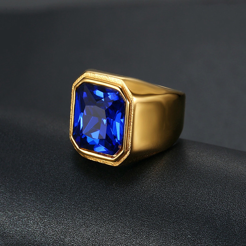 Cincin Permata Kristal Merah Biru Baja Titanium Emas Rubi Safir Fashion Wanita Pria Gold Rings