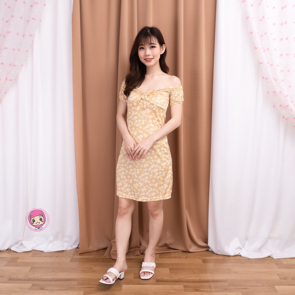 VS - Dress V-Neck Midi Korea Model Sabrina | Dress A Line Print Daisy Lengan Puff