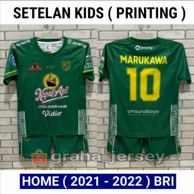 Setelan Kids PRINTING Persebaya MARUKAWA Home 2021 - 2022 BRI Liga 1 Hijau Jersey Anak Lokal
