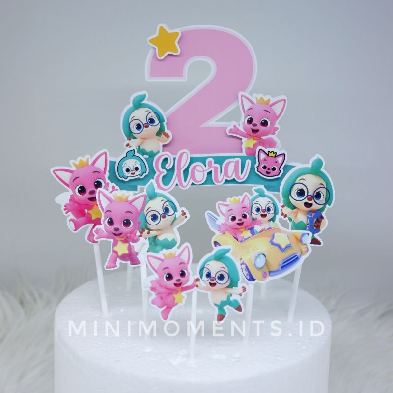 Cake Topper 3D Custom Nama Karakter Pinkfong dan Hogi Pingfong Baby Shark - Alat Dekorasi Kue Ulang 