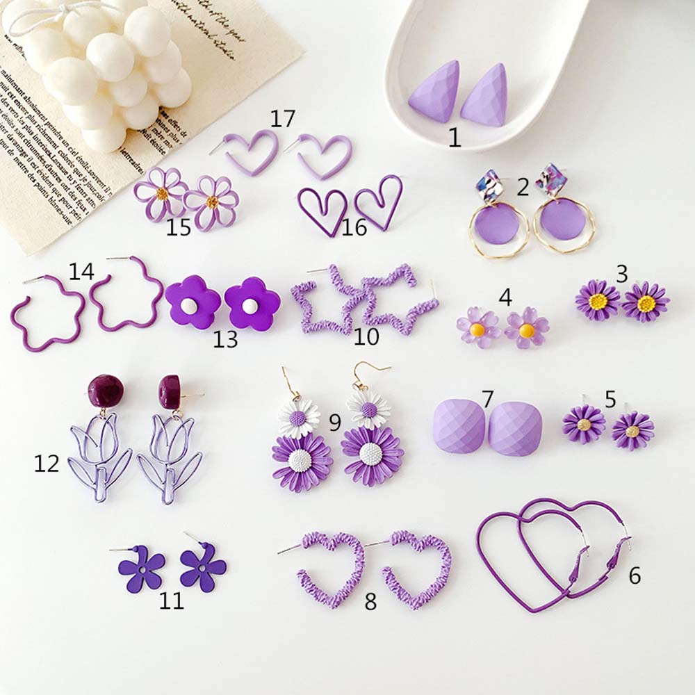 Needway  Silver Needle Purple Daisy Love Paint Flower Earrings