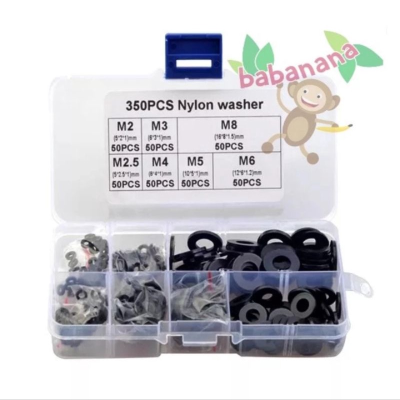 350pcs flat washer nylon ring cincin rata gelang plastik hitam kit set