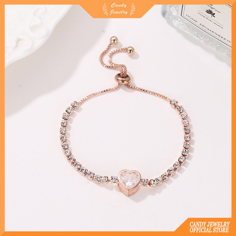 Gelang Rantai Dengan Charm Hati Aksen Kristal Zirkonia Untuk Wanita