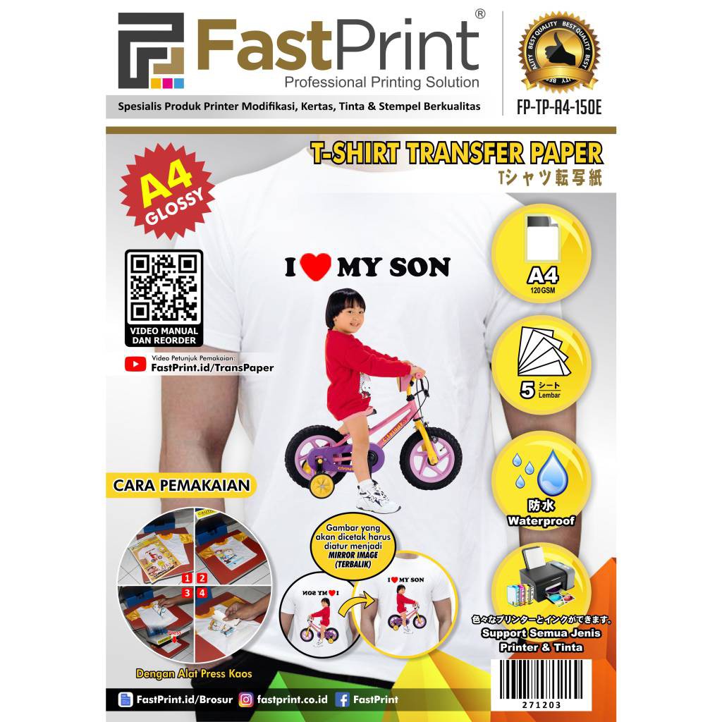 Fast Print T-Shirt Kertas Transfer Paper Light Kaos Putih Warna Terang A4 Taiwan Glossy