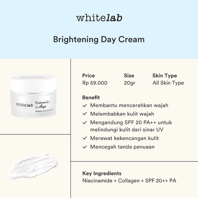 WHITELAB Brightening Day Cream Indonesia / Facial Wash Hydrating Essence Toner Serum Ampoule Night Underarm Eye Sunscreen Clay Mask Masker Gel Body Soap / Face Acne Mugwort Heartleaf Niacinamide Peeling Calming Paket Wajah Lengkap Set Sabun Krim Pelembab