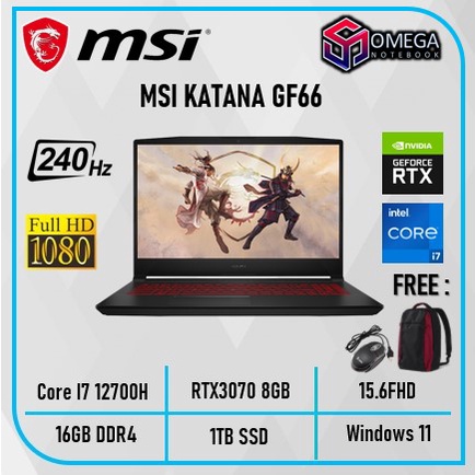 MSI KATANA GF66 I7 12700H 16GB 1TBSSD RTX3070 8GB W11 15.6FHD 240HZ BLIT 1YR BLK -12UG.263