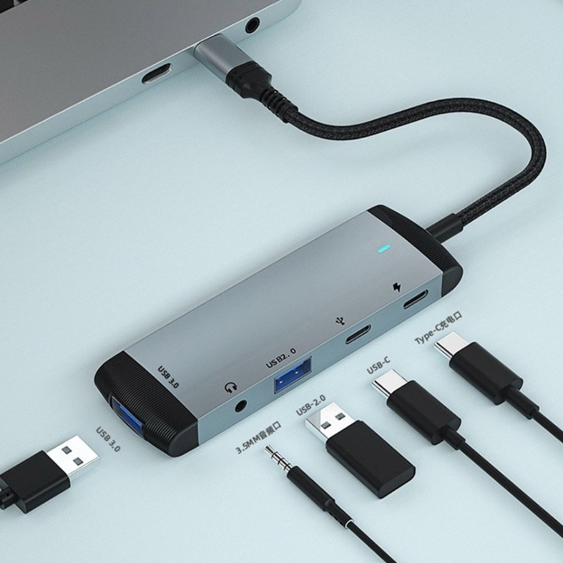 5 in 1 Dock Station USB Tipe C / USB 3.0 / 2.0 / PD 60W / 3.5mm Hub Untuk Laptop
