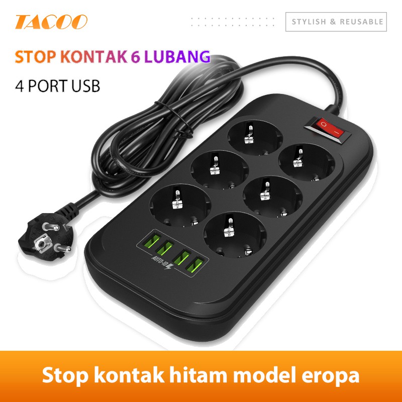 

Tacoo Smart Stop Kontak 2m dengan 6 Lubang Colokan Listrik Power Strip Adapter Socket dan 4 USB Port
