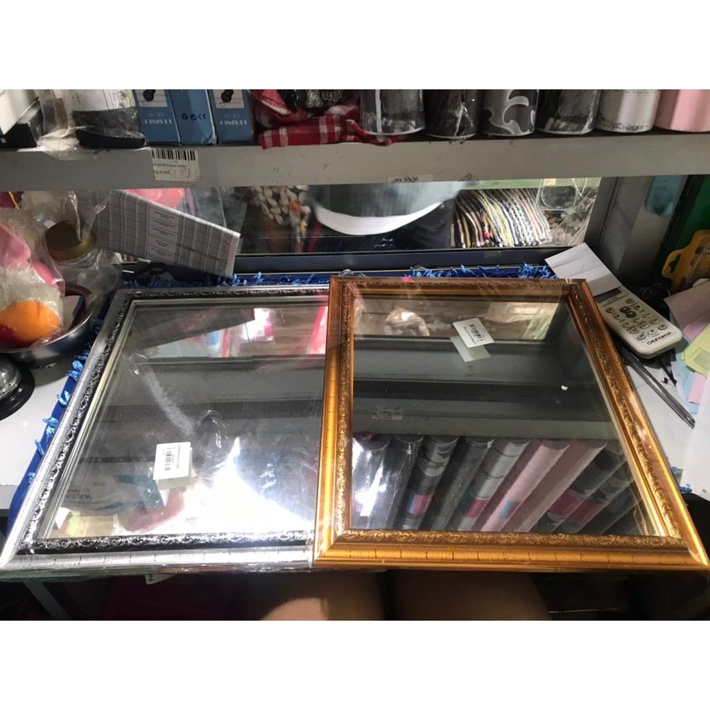 Cermin kotak motif list kayu - Kaca cermin bingkai kayu 31x45cm