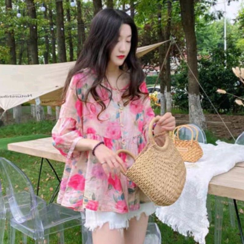 5078 Baju atasan blouse BABYDOLL top busui friendly lengan pendek motif bunga floral hijau pink ungu