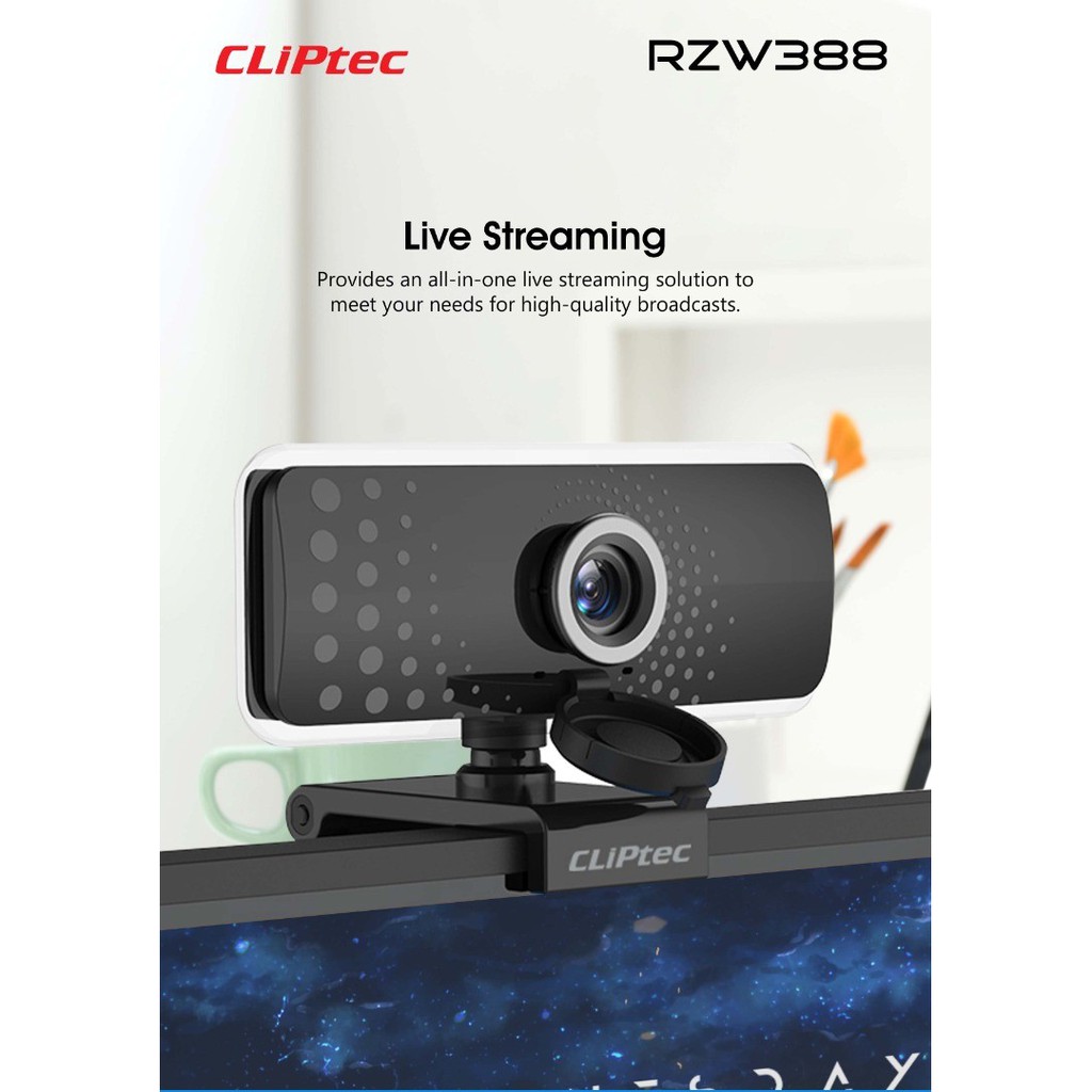 Webcam CLIPtec wired usb Full HD 1080P 30fps 2MP Wide-Angle Hallo RZW388 - pc web camera