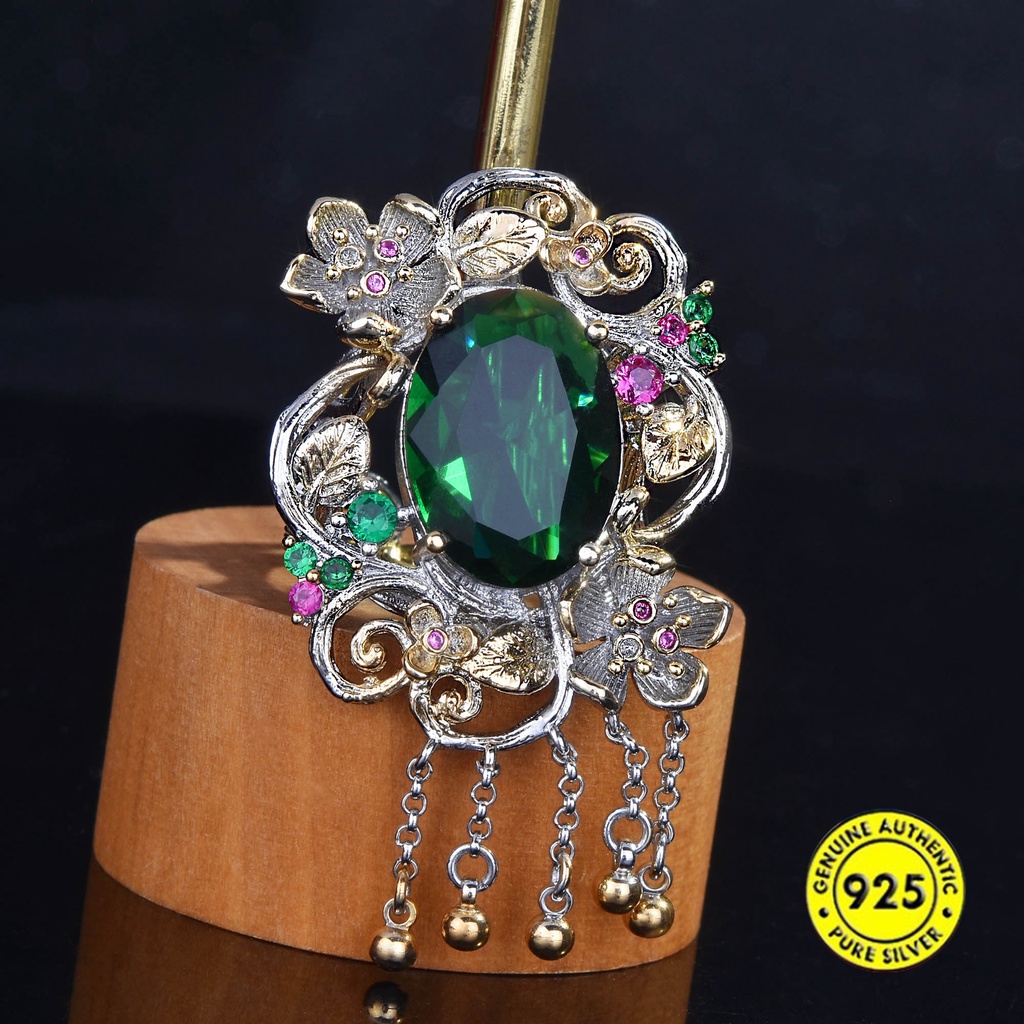 Tassel Colored Gems Ring Emerald Flowers Openings