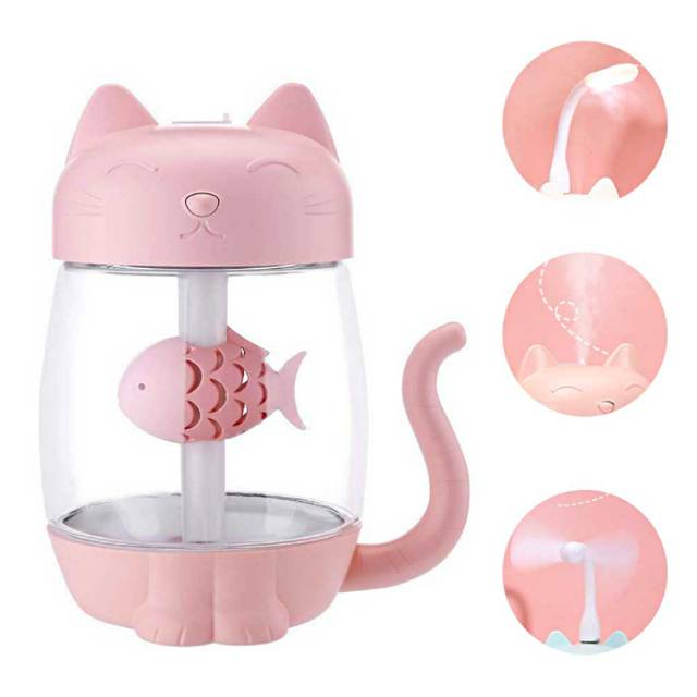 Humidifier Air 3 in 1 Aromatherapy Cat Kitty 350ml with Fan + LED Lamp Pink