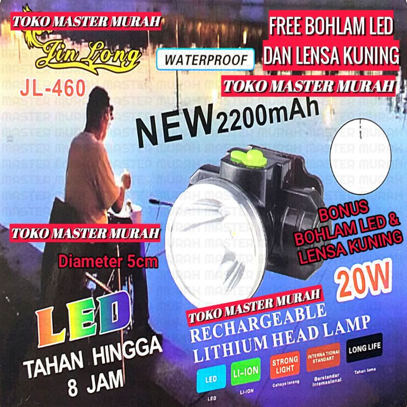 JL460 Headlamp Rechargeable 20watt Senter Kepala Cas Charge 20w