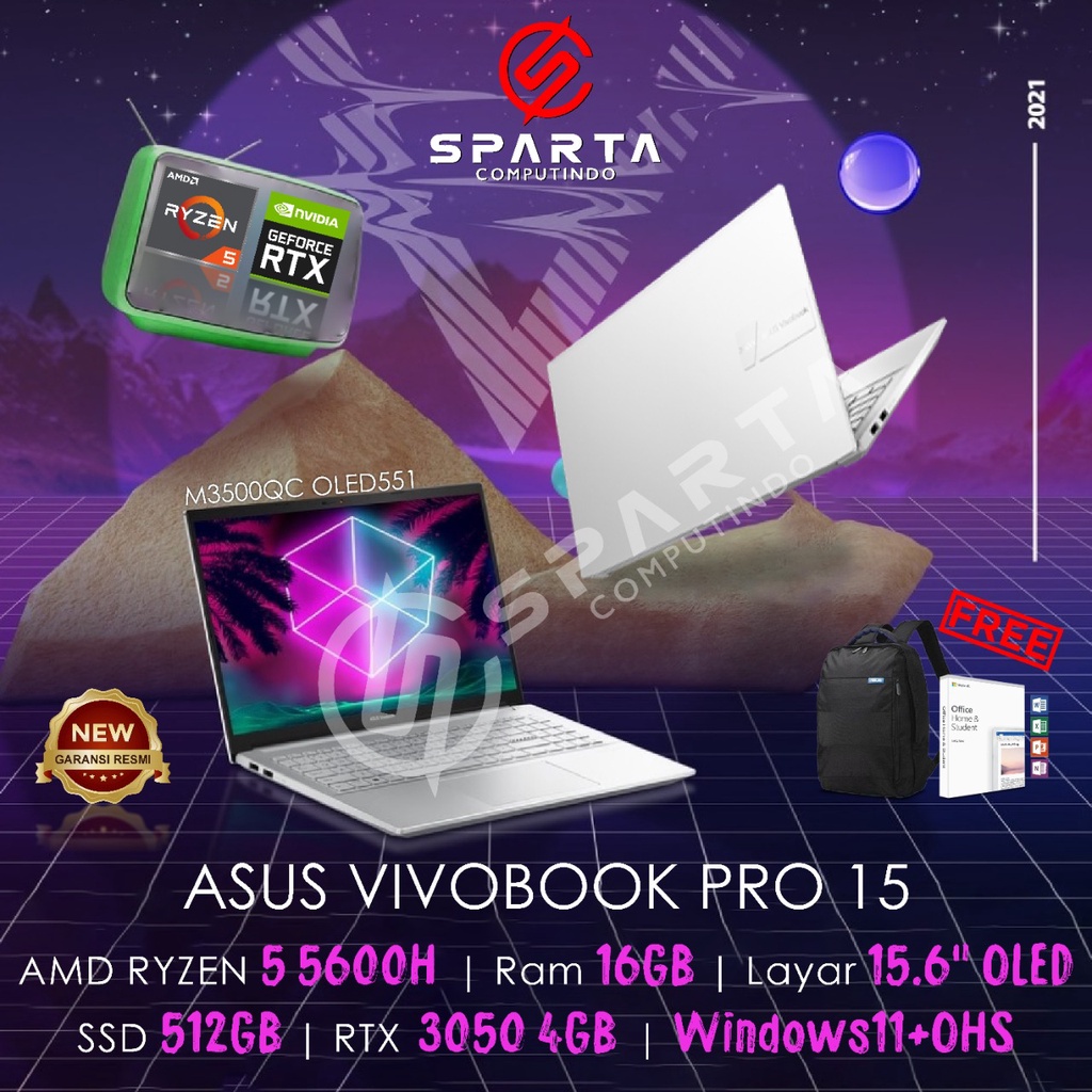 Laptop Asus Vivobook Pro 15 OLED M3500QC OLED551 AMD Ryzen 5-5600H 16GB 512GB SSD RTX 3050 15.6″ Win 11 Home+OHS 2021 Cool Silver