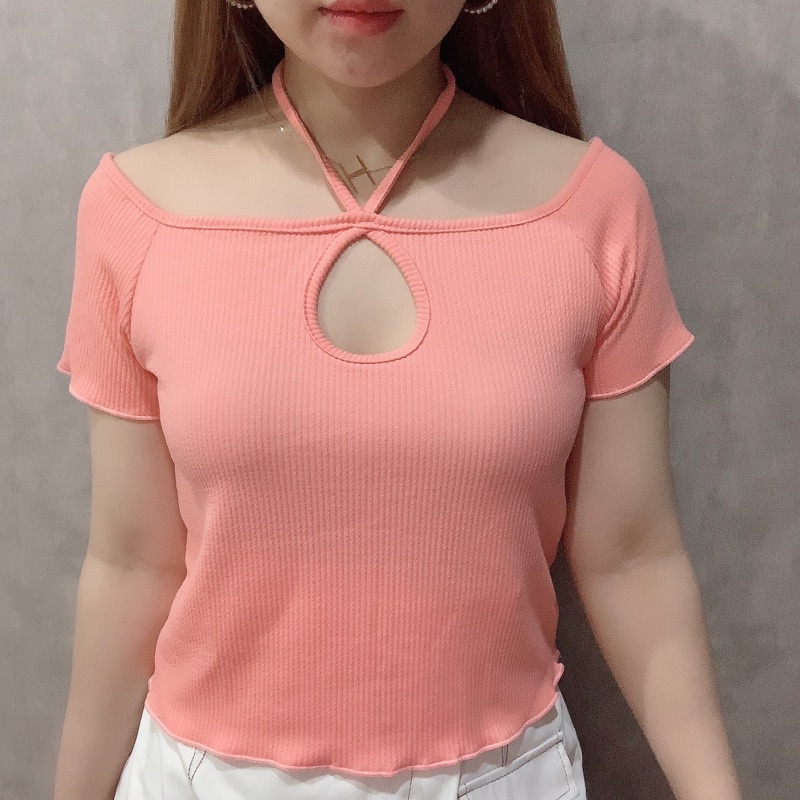 Cross Halter Short Sleeve Top | Atasan Silang Korean Fashion | Maimon Grosir