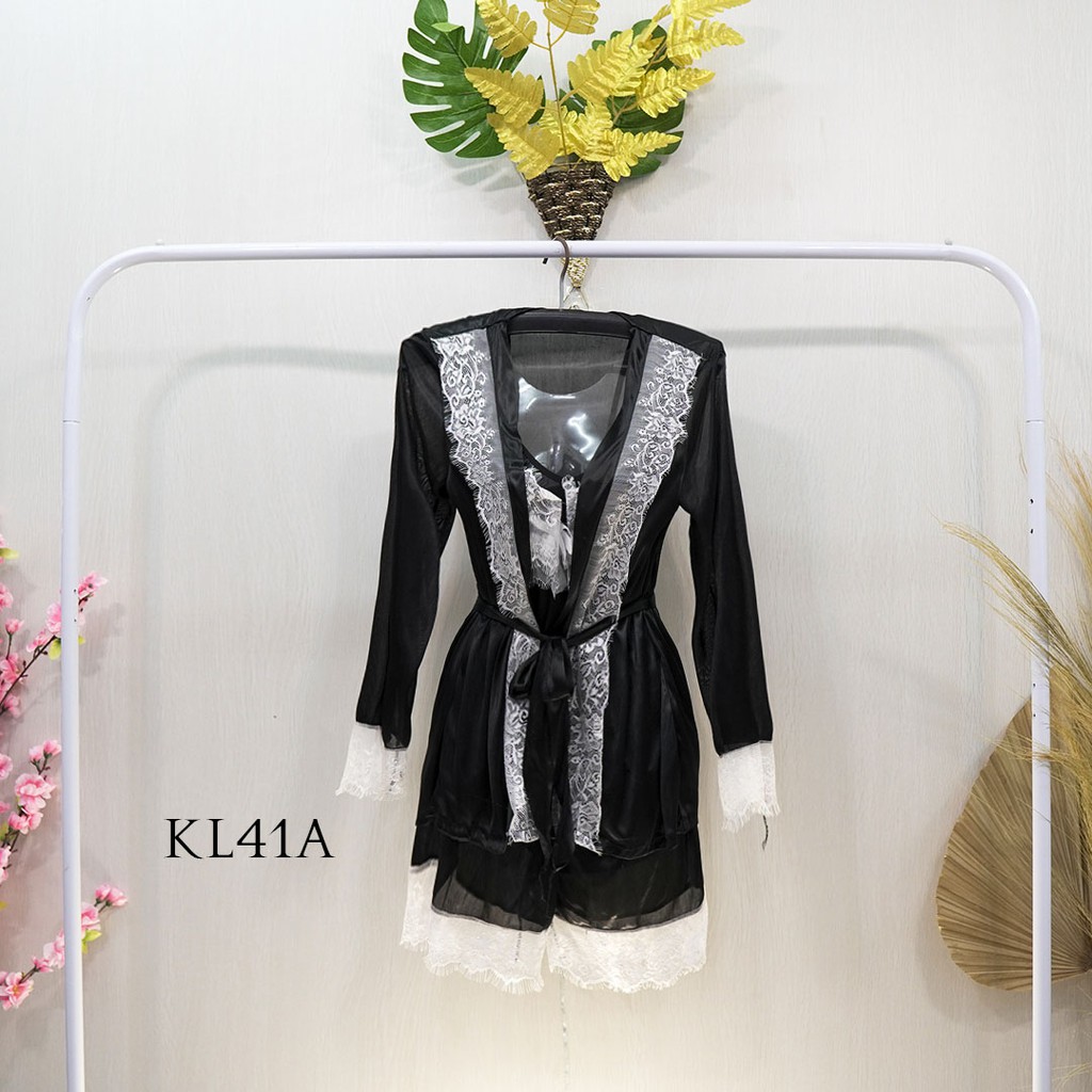 [SIAP KIRIM] LINGERIE KIMONO BAJU TIDUR WANITA PIYAMA IMPORT SATIN HITAM KL41A