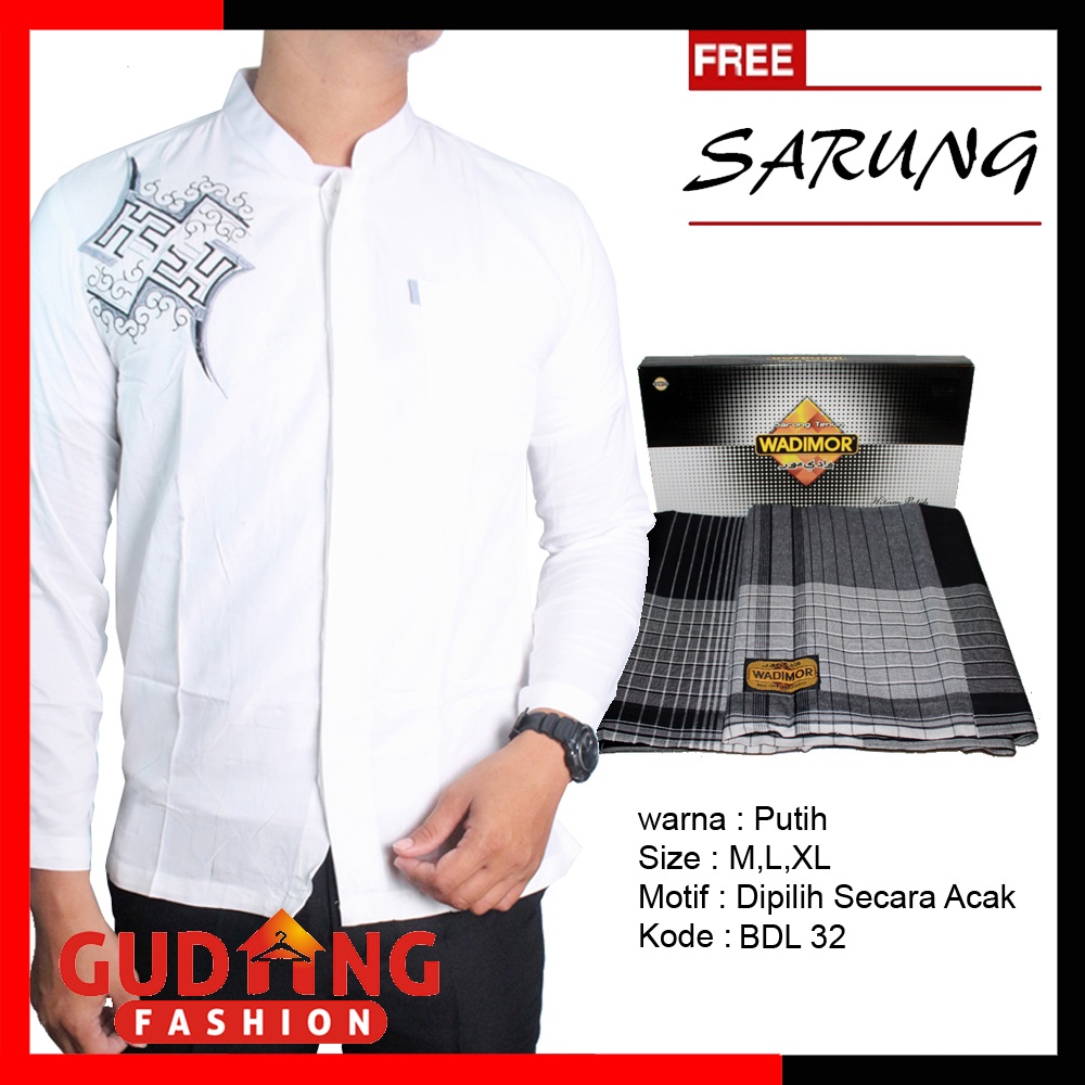 Baju Koko Pria Putih Lengan Panjang Bordir Special Ramadhan Lebaran + Sarung