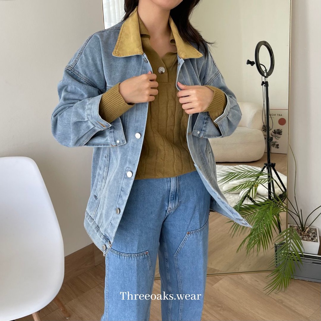 HAPPY JAKET JEAN OVERSIZE PREMIUM IMPOR DENGAN TANGAN BESAR DAN KERAH KUNING