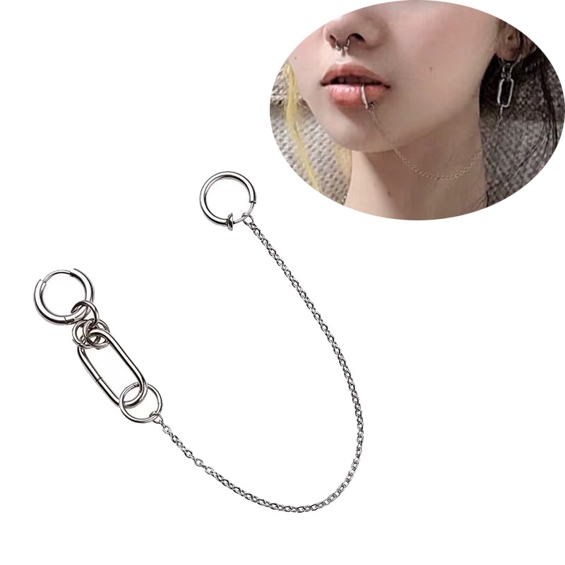 Anting Tindik Hidung / Bibir / Telinga Model Rantai Panjang Bahan Stainless Steel Untuk Wanita