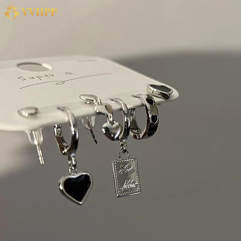 6pcs / Set Anting Hoop Drop Bentuk Hati Warna Silver Untuk Wanita