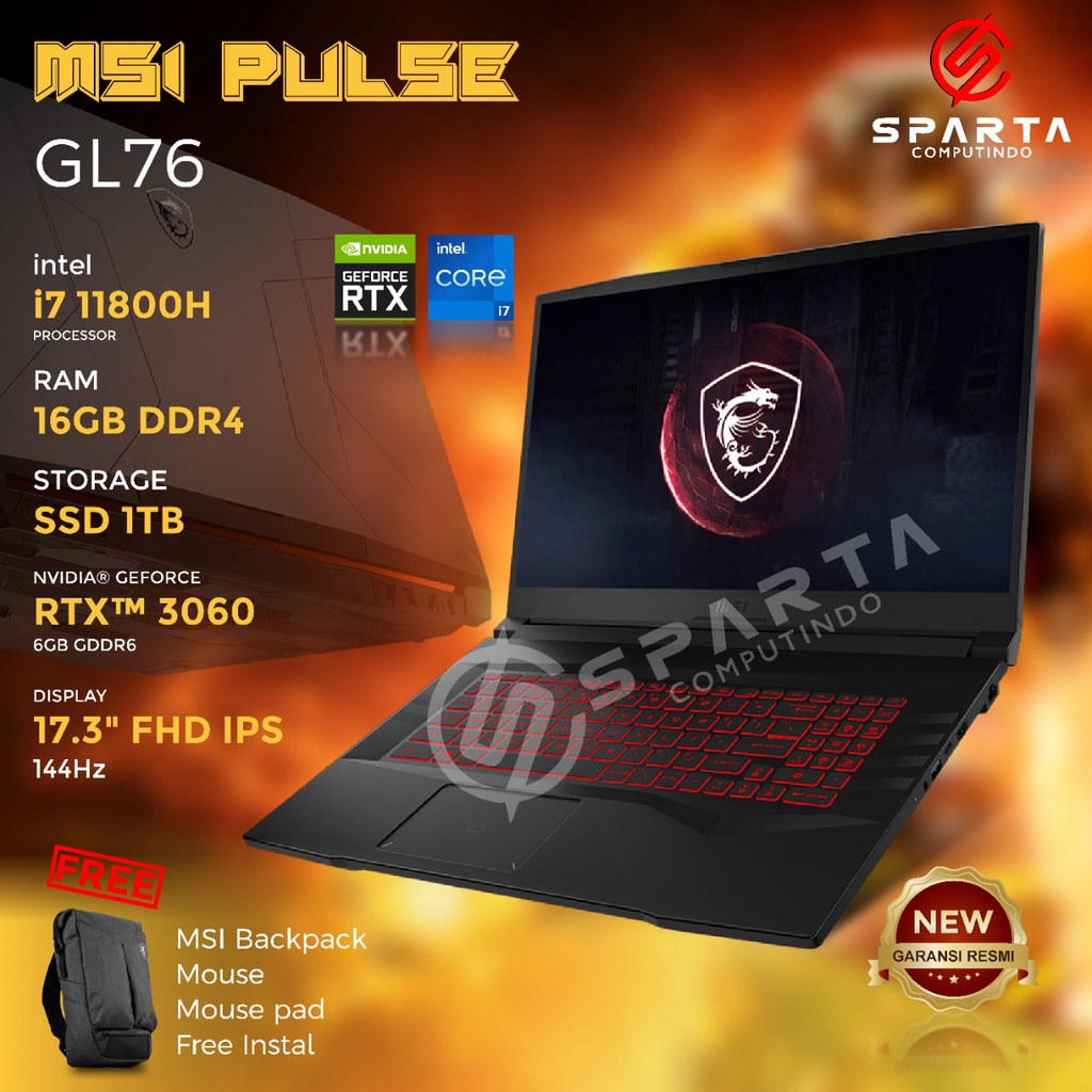 LAPTOP GAMING MSI PULSE GL76 i7-11800H 16GB 1TB RTX3060Ti 6GB W10 144Hz