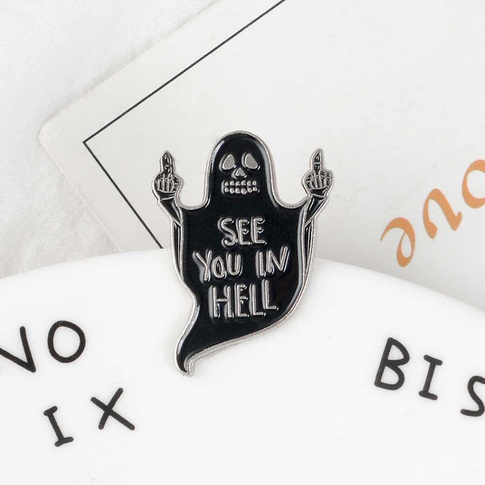 [Elegan] Bros Hantu Punk Mantel Aksesoris Perhiasan Jari Tengah See you in hell Kerah Bros Enamel Pin