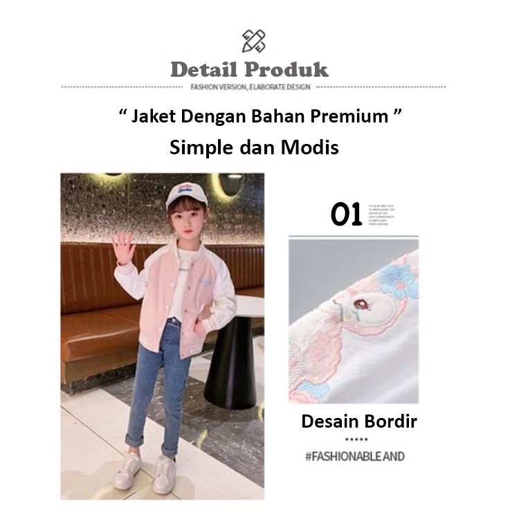 LNR Shop JG-001 Free Bando Stella Lou Jaket Anak Perempuan Import Jaket Baseball Motif Rabbit Kelinci Bordir Lengan Panjang Bahan Lembut Fashion Anak Cewek Hoodie Sweater Jumper Lucu Musim Semi Baju Atasan Hangat