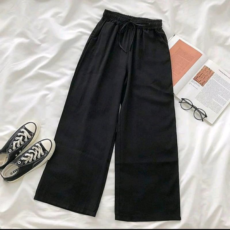 Celana Wanita Kekinian WIDI PANTS Kulot Jumbo Panjang Bahan Linen Rami Premium Import Fashion Bawahan Dewasa Ootd Pinggang Full Karet Serut Highwaist Cewek Remaja Model Ala Korea Gaya Modern Murah Dan Terbaru Hitam-8