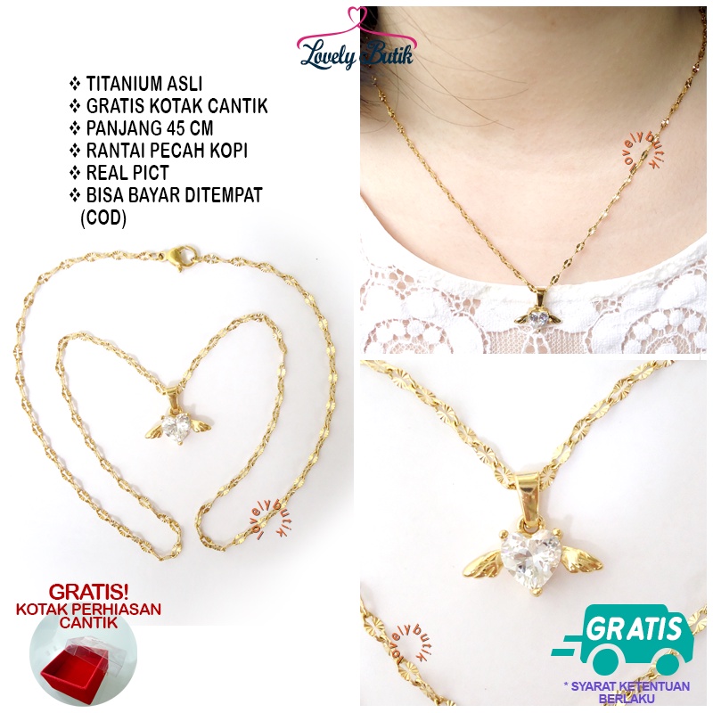 Lovelybutik Kalung Titanium Anti Karat Luci4 Kalung Wanita + Liontin Love W1ng Cristal BONUS KOTAK