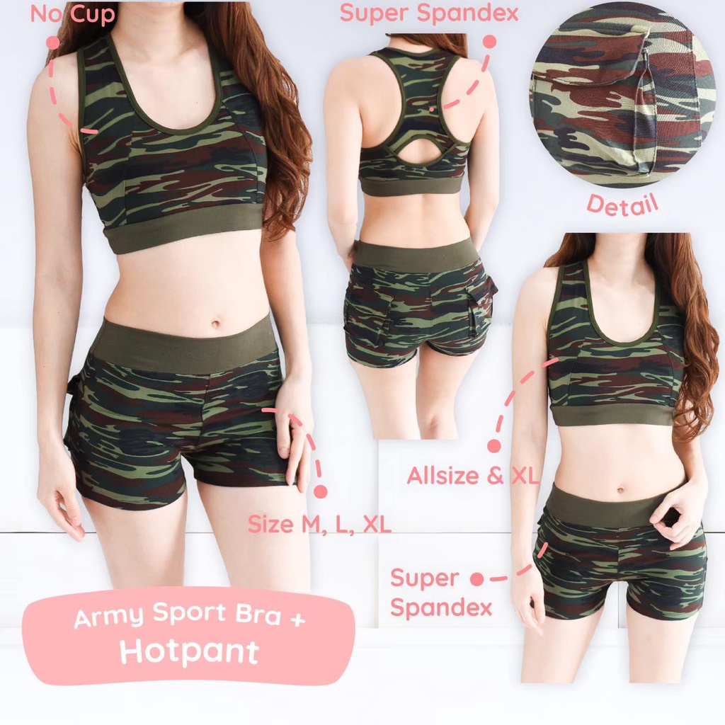 setelan baju senam / hotpant /sportbra zumba army /dance /baju senam aerobic