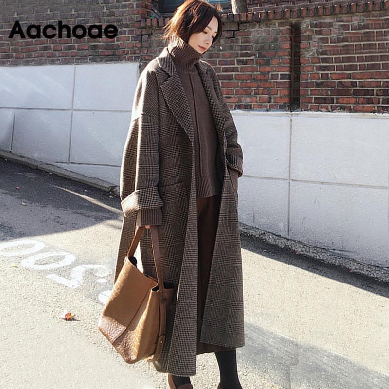 Women Wool Coat 2020 Winter Warm Plaid Long Woolen Coat Fashion Loose Batwing Blend Trench Coat