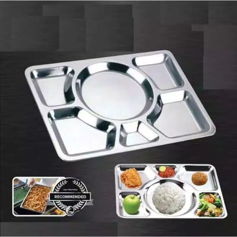 FOOD TRAY Tebal / piring nampan stainless sekat 6 / ompreng rumah sakit sekat stainless / meshtray plato stainless / tempat saji makanan rumah sakit / piring catering 40 x 30 cm / tempat makan