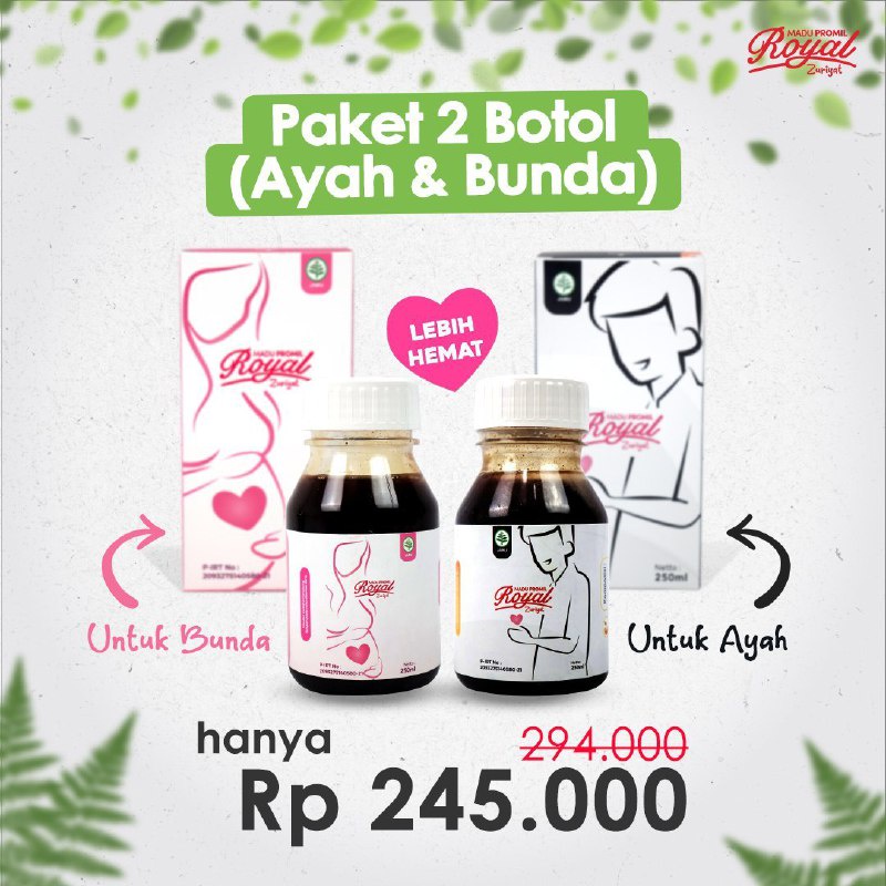 

Madu Promil Royal Paket Hemat Suami 250ml & Istri 250ml Lebih Hemat untuk Pasutri