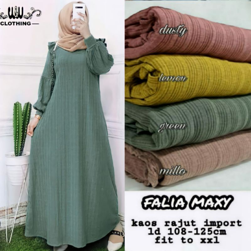 GAMIS DRESS HARIAN FALIA MAXY GAMIS WANITA BAHAN KAOS KNIT RAJUT IMPORT LD110-125cm FIT TO XL-Green