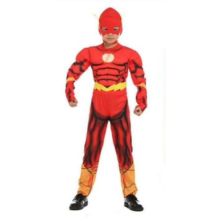 Kostum Otot Flash Anak Import Cosplay Ultah Superhero Busa Jumpsuit Import Costume Ulang Tahun