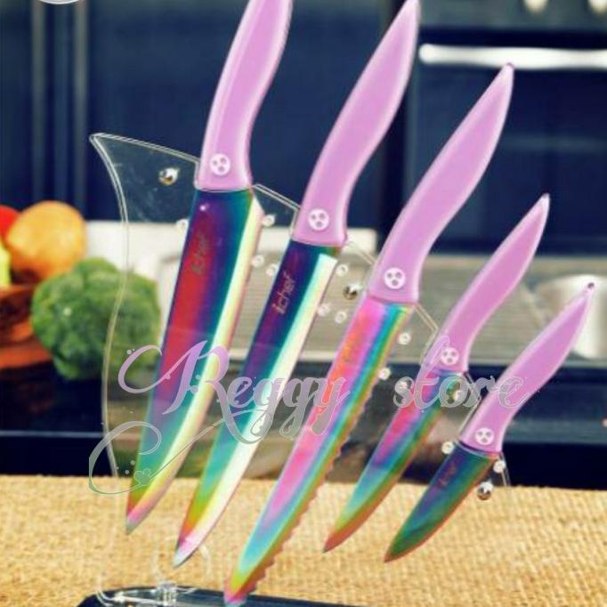 pisau set / pisau ichef titanium / knife set - ungu masih banyak