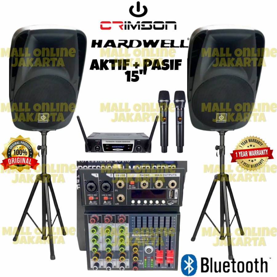 Paket speaker aktif pasif 15 inch crimson show Mixer 6 channel mic